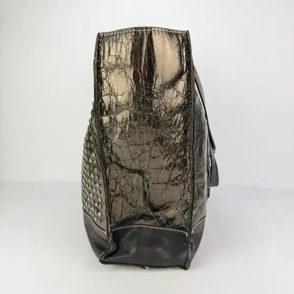 Patricia Nash 2 Tone Silver Bronze Studded Large Black Leather Shoulder tote bag - Picture 5 of 12
